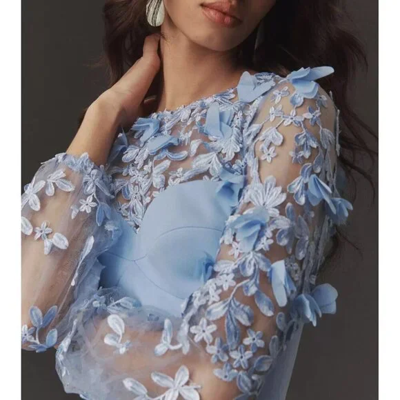 NWT Dress the Population Mila Floral Applique Mini Dress in Sky